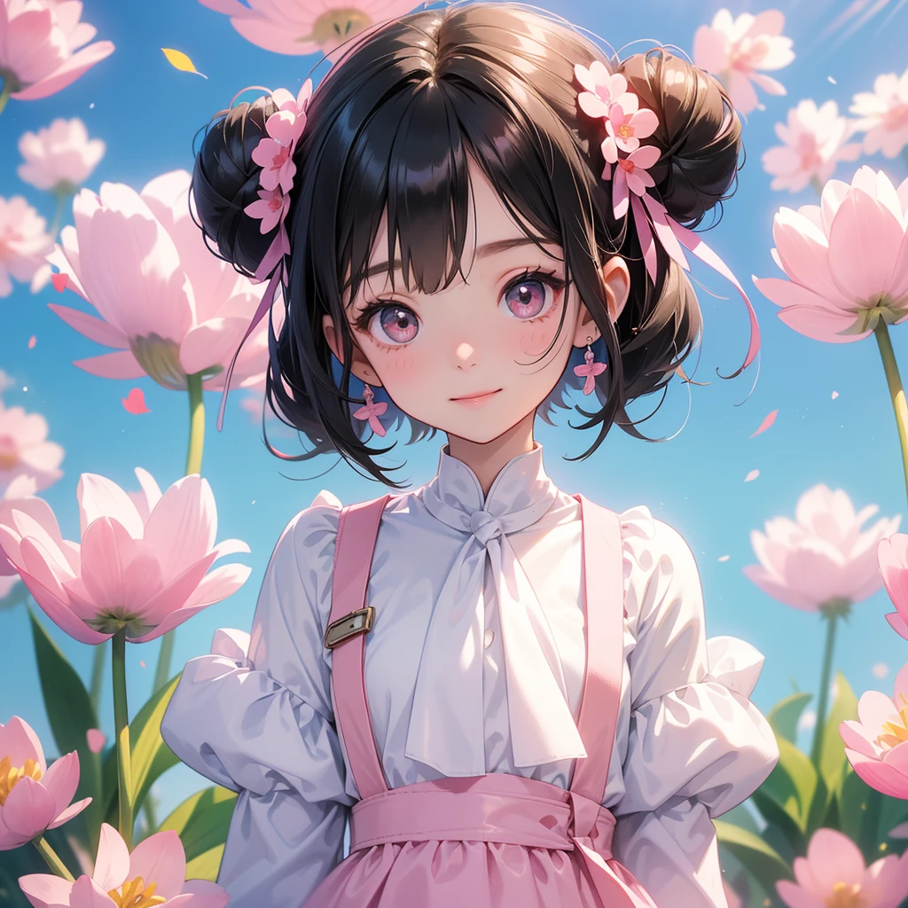 A chibi  girl had a small face and wearing a white little tourist priest’s outfit, a pair of big round eyes shone with curiosity about him. This childso cute, her hair is black with buns on her hair. Small chibi , chibi baby, smil, chibi. 

Standing in the middle of pink tulip field, There are some floating clouds.