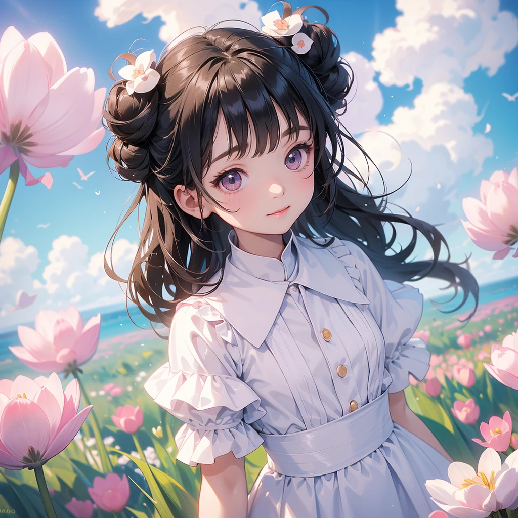 A chibi child girl had a small face and wearing a white little tourist priest’s outfit, a pair of big round eyes shone with curiosity about him. This child was so cute, her hair is black with buns on her hair. Small chibi , chibi baby, smiling , chibi. 

Standing in the middle of pink tulip field, There are some floating clouds.