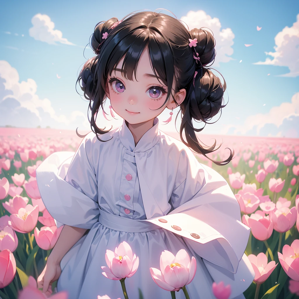 A chibi child girl had a small face and wearing a white little tourist priest’s outfit, a pair of big round eyes shone with curiosity about him. This child was so cute, her hair is black with buns on her hair. Small chibi , chibi baby, smiling , chibi. 

Standing in the middle of pink tulip field, There are some floating clouds.