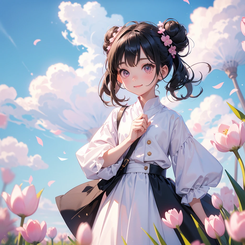 A chibi girl had a small face and wearing a white little tourist priest’s outfit, a pair of big round eyes shone with curiosity about him. This childso cute, her hair is black with buns on her hair. Small chibi , chibi baby, smil, chibi.
Standing in the middle of pink tulip field, There are some floating clouds.