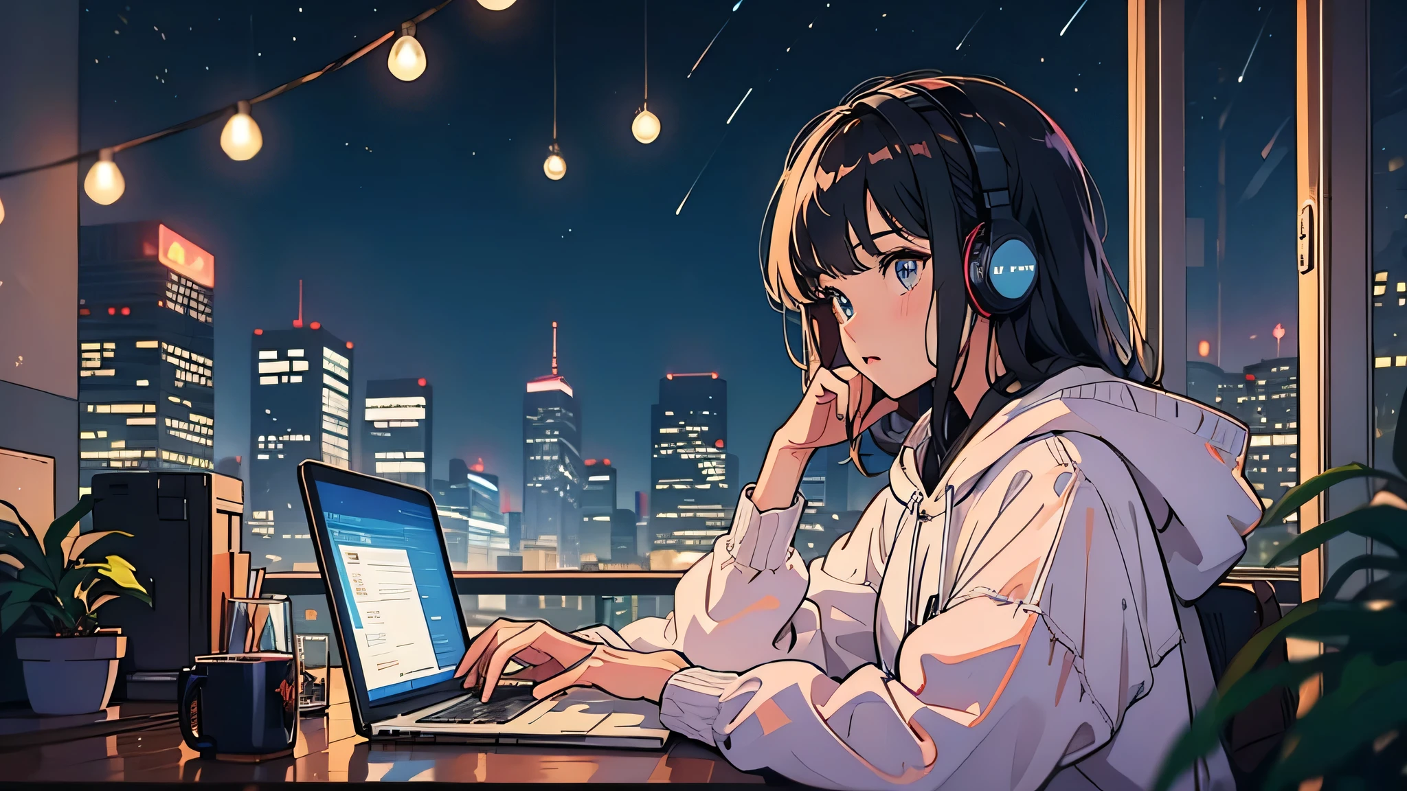 Cozy night balcony workspace, anime style, young person working on laptop, wearing headphones and oversized hoodie. Cat on railing. String lights and potted plants hanging, starry night sky backdrop. Warm ambient lighting from candles and fairy lights. City skyline in distance. Lofi aesthetic