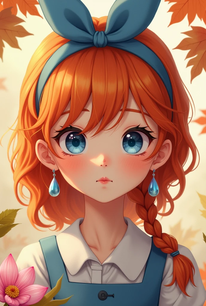Livia is a girl with a gentle face, orange hair like the color of autumn leaves, slightly wavy to the waist, with bangs covering the left forehead and the right sideburns neatly braided. Tied with a blue ribbon, her big blue eyes make her look even more adorable. In addition, she also wore a pair of lotus-shaped teardrop earrings.