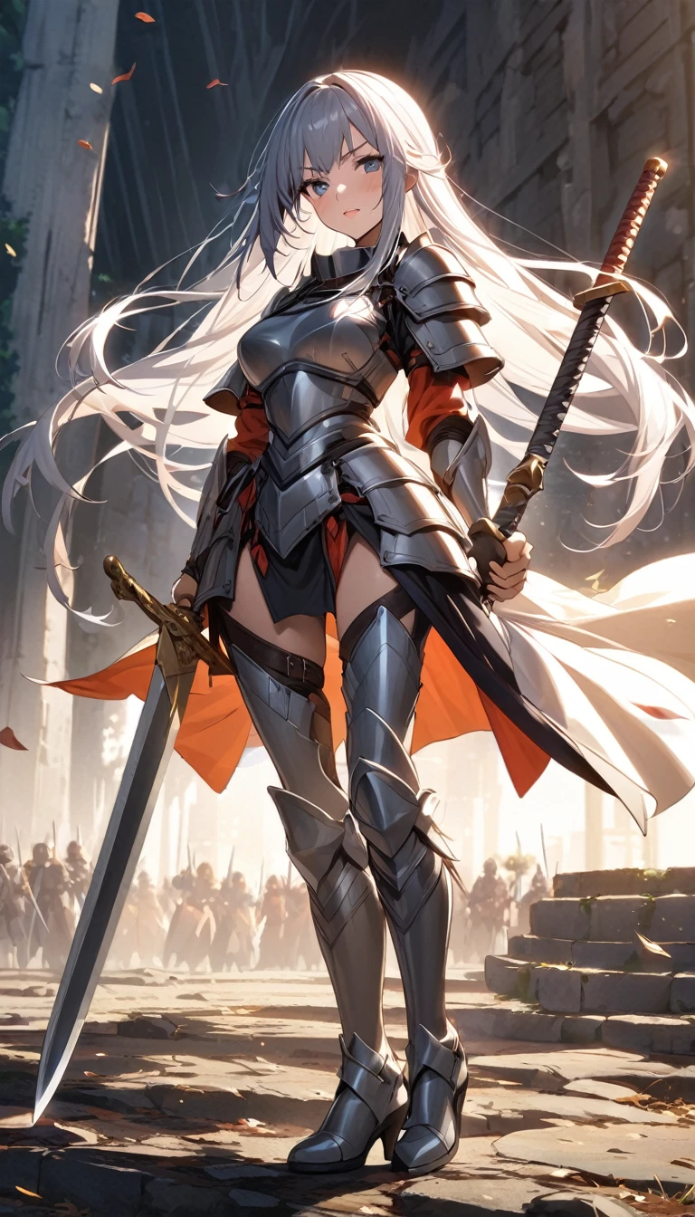 Ultra-high definition image quality、beautiful girl、Woman warrior、Female Swordsman、Light Armor、Silver boots、Long Hair、Knight&#39;s Hair Ornament、Black Hair、20-year-old、Be confident々face、Very short tight skirt、Sexy posture、wilderness、Highest quality,Big Ass、Big Breasts、Thighs、Grab the spear、Gorgeous embroidered lace panties、Joan of Arc style clothing、Wind King Barrier、Her hair is fluttering in the wind、The Sword of Promised Victory、god々Wearing a bright aura、Big Ass、Valkyrie the War Maiden、Crotch close-up、Angle from directly below、Squat with your legs apart