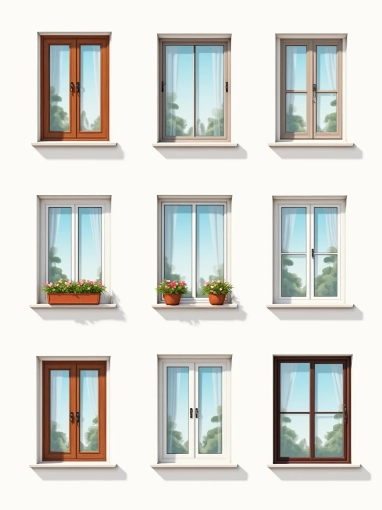 On one image, create a set of eight clear icons-images for the site sections in one realistic style, all windows are modern with double-glazed windows without shutters. Description for each individual icon inside the image, each item with a number is a separate icon:  1. Wooden windows: A window with a wooden frame and glass, two sashes, a window without a decorative layout. 2. Sliding wooden windows: A window with two sashes, one of which is parallel shifted to the side (left or right) relative to the other sash, a window without a decorative layout. 3. Aluminum windows: Window with graphite-colored aluminum frame, window without decorative layout. 4. Wooden platbands: Decorative wooden frame around a wooden window, window without decorative layout. 5. Window sills: Window sill with flower pot - view from inside the house. 6. Wooden windows with a layout: A window with a wooden frame and a decorative layout. 7. Wooden windows for the sauna: A small window with a wooden frame, one half-open sash and steam coming out of the sauna, a window without decorative layout. 8. Wooden entrance doors: Wooden door with handle and lock.