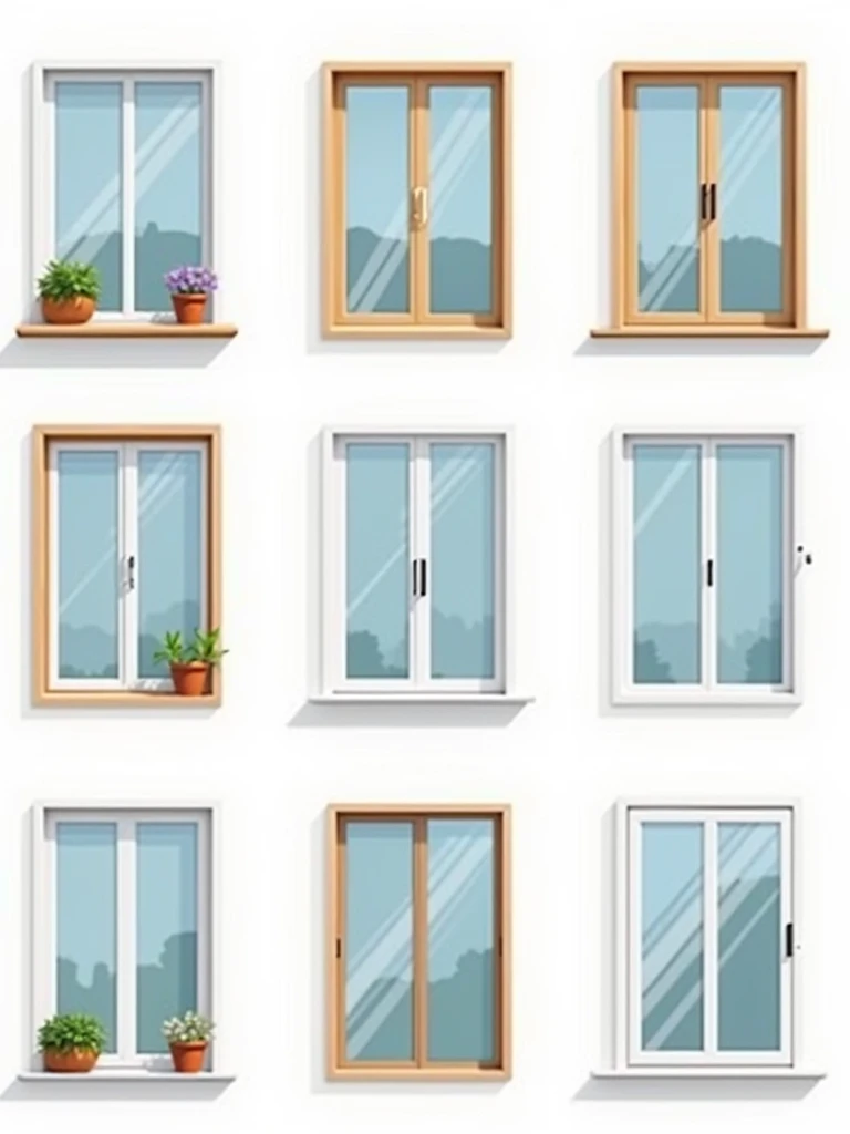 On one image, create a set of eight clear icons-images for the site sections in one realistic style, all windows are modern with double-glazed windows without shutters. Description for each individual icon inside the image, each item with a number is a separate icon:  1. Wooden windows: A window with a wooden frame and glass, two sashes, a window without a decorative layout. 2. Sliding wooden windows: A window with two sashes, one of which is parallel shifted to the side (left or right) relative to the other sash, a window without a decorative layout. 3. Aluminum windows: Window with graphite-colored aluminum frame, window without decorative layout. 4. Wooden platbands: Decorative wooden frame around a wooden window, window without decorative layout. 5. Window sills: Window sill with flower pot - view from inside the house. 6. Wooden windows with a layout: A window with a wooden frame and a decorative layout. 7. Wooden windows for the sauna: A small window with a wooden frame, one half-open sash and steam coming out of the sauna, a window without decorative layout. 8. Wooden entrance doors: Wooden door with handle and lock.