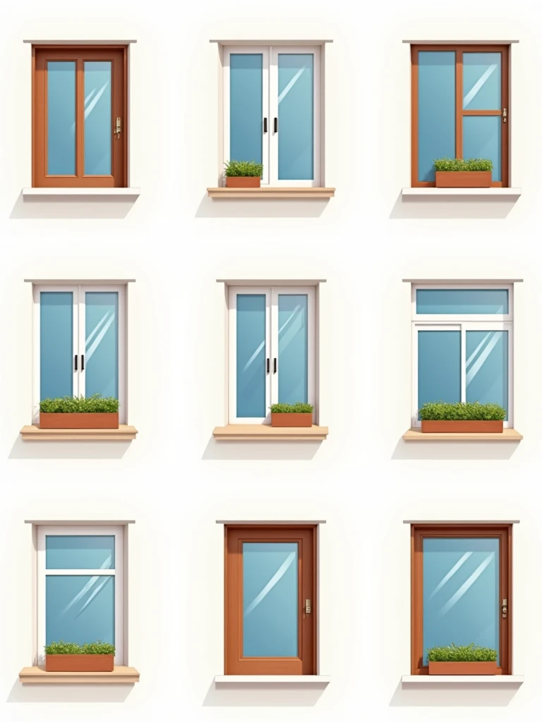 On one image, create a set of eight clear icons-images for the site sections in one realistic style, all windows are modern with double-glazed windows without shutters. Description for each individual icon inside the image, each item with a number is a separate icon:  1. Wooden windows: A window with a wooden frame and glass, two sashes, a window without a decorative layout. 2. Sliding wooden windows: A window with two sashes, one of which is parallel shifted to the side (left or right) relative to the other sash, a window without a decorative layout. 3. Aluminum windows: Window with graphite-colored aluminum frame, window without decorative layout. 4. Wooden platbands: Decorative wooden frame around a wooden window, window without decorative layout. 5. Window sills: Window sill with flower pot - view from inside the house. 6. Wooden windows with a layout: A window with a wooden frame and a decorative layout. 7. Wooden windows for the sauna: A small window with a wooden frame, one half-open sash and steam coming out of the sauna, a window without decorative layout. 8. Wooden entrance doors: Wooden door with handle and lock.