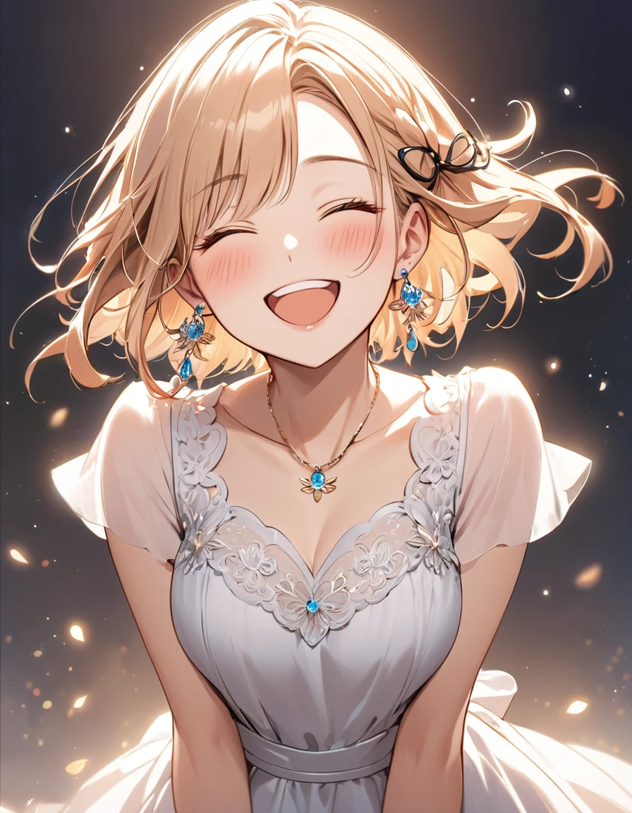 best quality, beautiful, hair tie, 8K, happy face, close eyes, side body, head tilt look view, slim, dress, earrings, choker, concept
