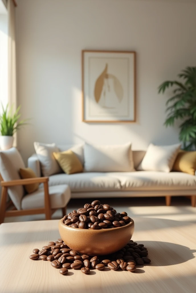 “A cozy living room with a small bowl or jar of coffee beans placed on a table or shelf. The coffee beans are dark brown and rich in color, standing out against the light tones of the room’s decor. The room is neat and inviting, featuring a couch or armchair, a coffee table, and perhaps a few decorative items like plants or books. The overall atmosphere is fresh and clean, with the coffee beans subtly representing the concept of deodorizing the room.”