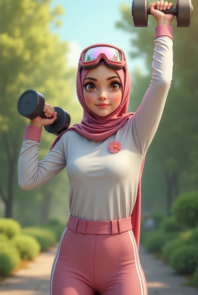 a realistic 1girl wearing a hijab, detailed beautiful face, Hijab Muslim. Wear long sleeve moder design white pink stripe white, minimalist flower on shirt. . Wear pink white.small Safety Pink google spectacle top of the head rubber band. Age 15 year old. Jump on and have a super strong power. One hand lifting the 50kg dumbbell. Bokeh background. At the garden. , detailed lips, long eyelashes. Hero, modest expression, delicate facial features, natural skin tones, hijab covering head and neck, detailed folds and textures of hijab, natural lighting, high quality, photorealistic, 8k, best quality. One hand holding coockie jar