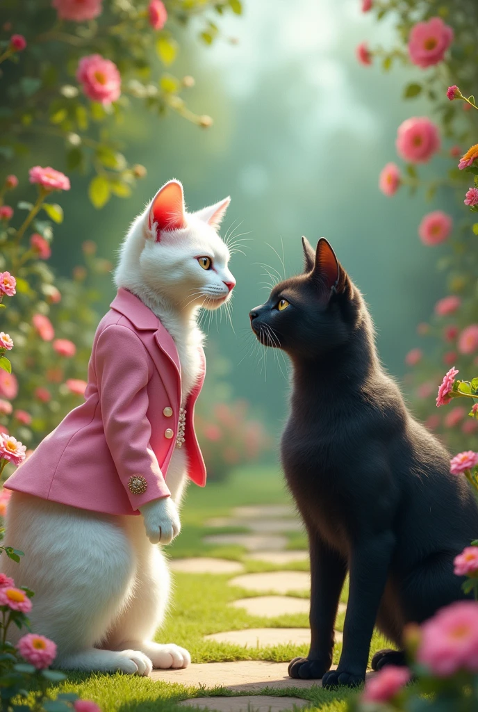 A beautiful white cat in a pink suit was standing in beautiful garden when black cat attacked it