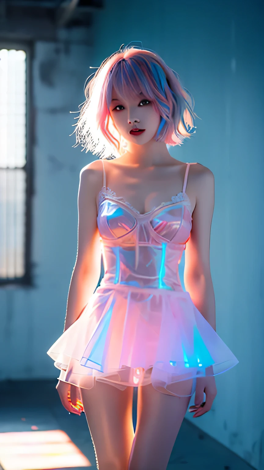 xuer hologram Laser dress, ((Hit the knee)),（masterpiece、Highest quality、High resolution），((practical)),（Colored Background)，（Color Splash），cute，Light Blue and white long hair，(Light blue, Pink Hair)，curl，The Shining，((Visible cracks)), ((Type I Valley)), ((E Cup)), Red and pink lips，large crack，Color Splash，Volumetric lighting，Ample breasts, Graceful posture, Sexy thin legs