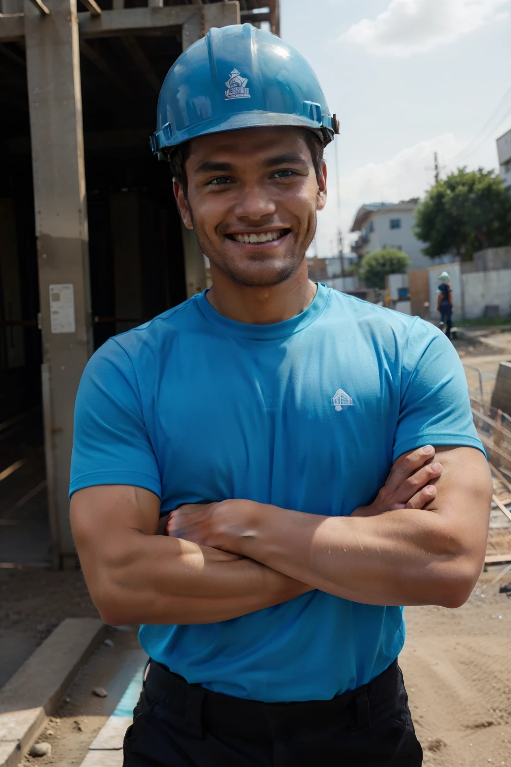Man in light blue shirt and black pants., Crossed arms, Wearing construction helmet looking forward and smiling showing teeth;