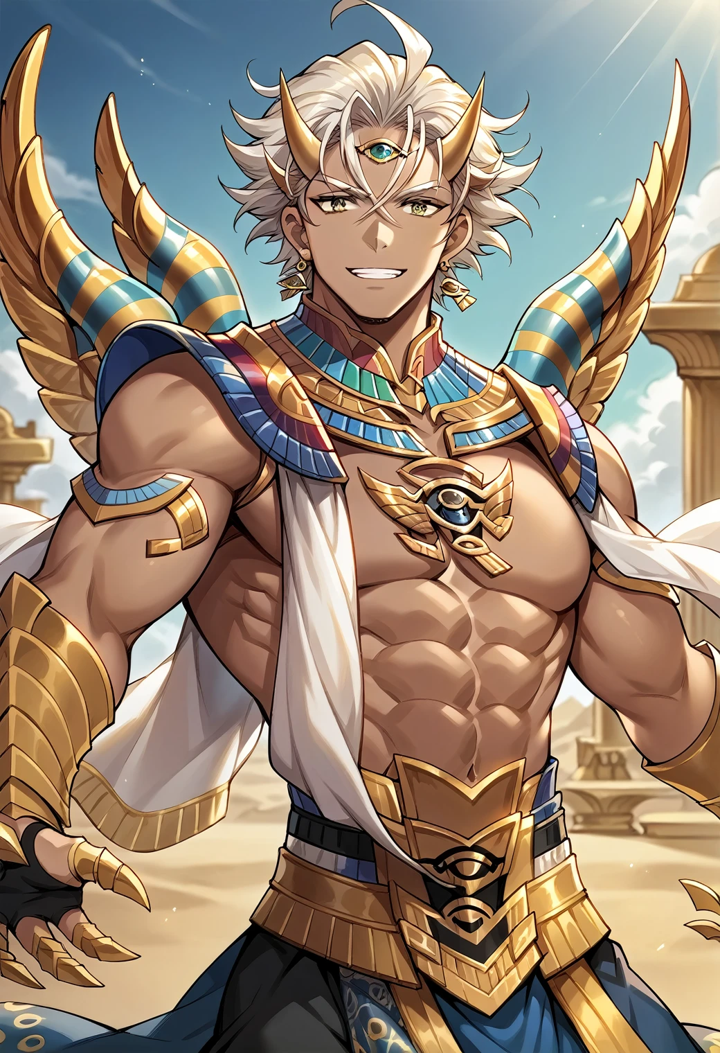 score_9, score_8_up, score_7_up, source_anime, cainkr, 1boy, solo, male focus, upper body, smirk, looking at viewer, circlet, gold, armlet, fake horns, fake wings, topless male, egyptian clothes, outdoor, desert, palace, middle eastern architecture, waist cape, belt, white ribbon, claw ring, earrings, jewelery, hair ornament, no nipples, white skin