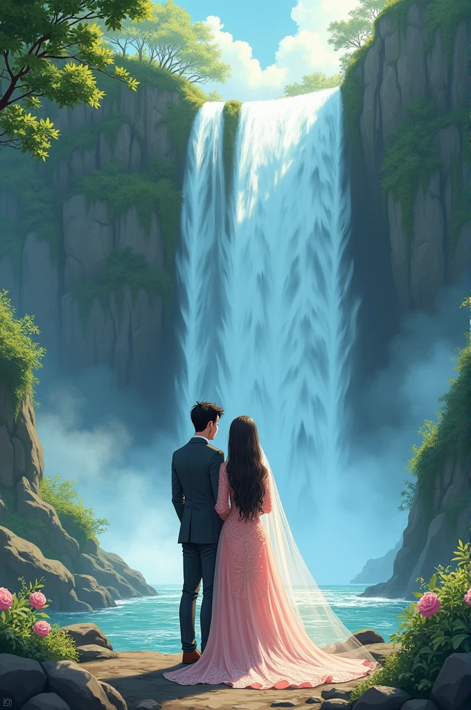A muslim bride and husband infront of waterfall in anime style