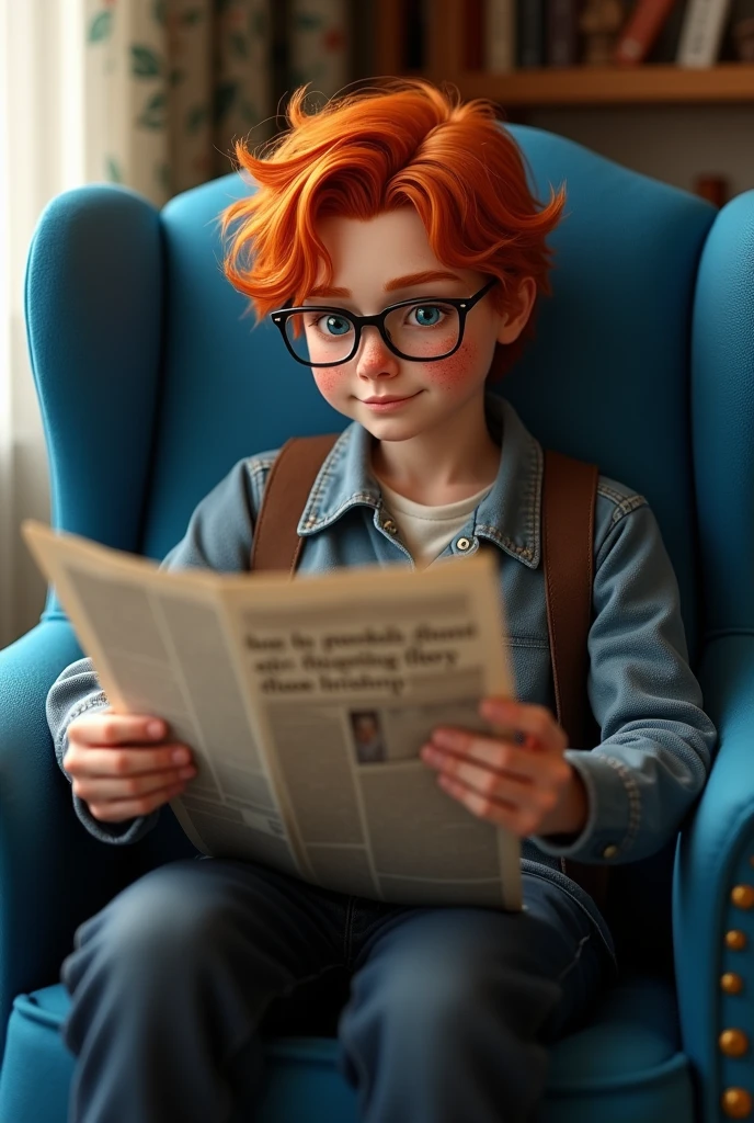 (photorealism:1.2), Percy Weasley, A red-haired teenage wizard sitting in his blue armchair reading a newspaper with his square-framed glasses on