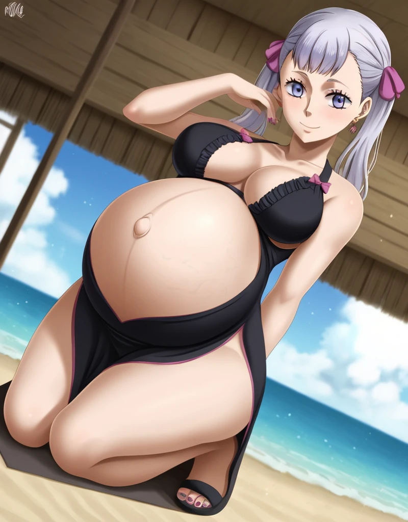 noelle_blackclover, Noelle Silva, Black Clover, long silver hair, waist-length hair, half-up half-down hairstyle, ribbon, side-parted bangs, almond-shaped blue eyes, high-quality, ultra-detailed, beast quality, 8K resolution,
looking at viewer, dutch angle, cowboy shot, smile, pregnant belly, large belly, big belly, , belly button, Earrings,
1girl,solo, indoors, beach, happy, Smiling, rub belly,
full body, Nail polish,