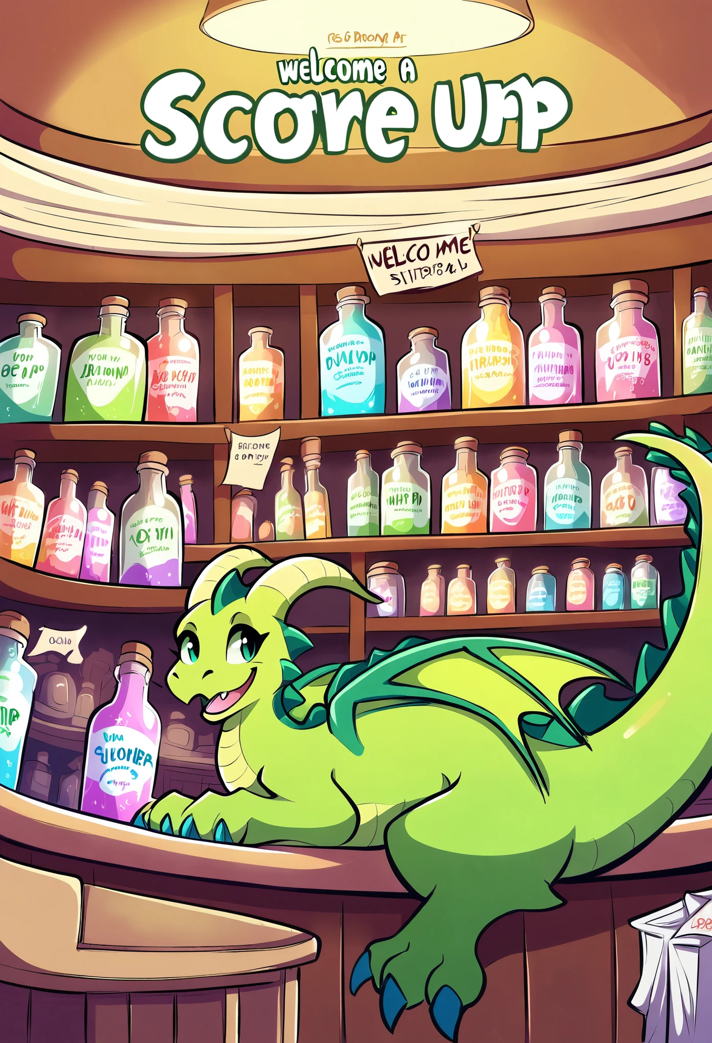 rating_safe, score_9, score_8_up, score_7_up, score_6_up, score_5_up, score_4_up, hires, source_furry, cover_page(furry art, uploaded on e621)massive green dragon, welcoming smile, the counter in a shop, full of glowing potions, dynamic angle,