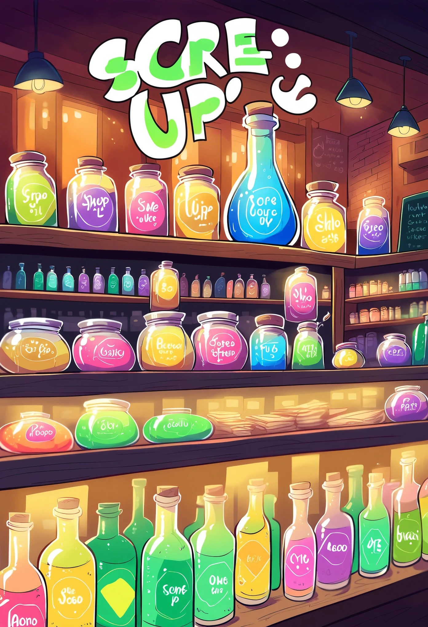 rating_safe, score_9, score_8_up, score_7_up, score_6_up, score_5_up, score_4_up, hires, source_furry, cover_page(furry art, uploaded on e621)massive green dragon, welcoming smile, the counter in a shop, full of glowing potions, dynamic angle,