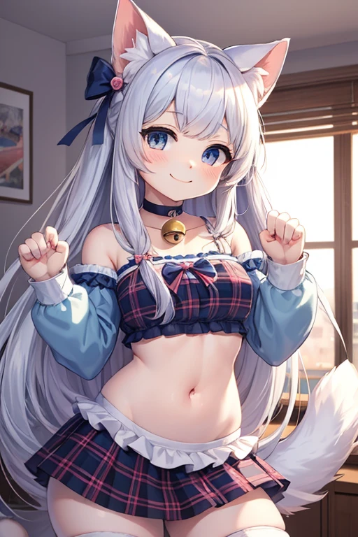 (masterpiece,best quality,ultra-detailed), an anime girl who is cute idol. She has silver white long hair with side swept bangs, midnight blue cute round eyes, ragdoll cat ears and tail, pink bow ribbon on the left ear, pink bow choker with a bell on the neck, wearing cute crop top and plaid skirt idol costume, paw pose, smile cutely at the viewer, in a cute background