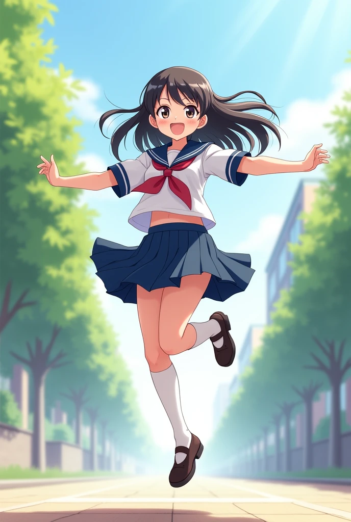 Japanese high school girl mini skirt sailor uniform straight long hair cute bottom angle jump