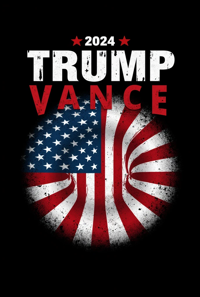 Graphic design on a black background. The layout includes a stylized American flag with distressed textures. The flag's stripes are redand white, and the stars are white, arranged in a circle. To the right of the flag, the text 'TRUMP VANCE' is vertically aligned in bold, white, distressed letters. Above the flag, the year '2024' is displayed in white, bold text. The overall design has a rugged, worn look, emphasizing a vintage or grunge aesthetic.