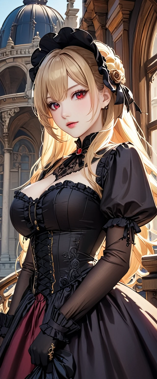 woman wearing dress and boots , baroque dress, wearing a detailed steampunk dress, elegant gothic princess, victorian gothic ta fashion, historical baroque dress dark, black gothic loliress, fantasy style clothing, rococo dress, black rococo, fantasy costume, wearing a gothic dress, romantic dress, gothic dress,blonde,,(((upper body portrait))),red eyes,city,big breasts