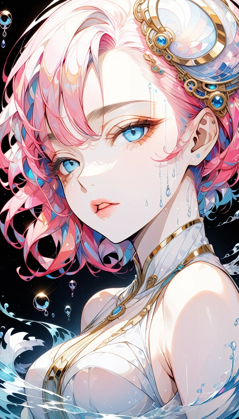 (White background:1.4),(marilyn monroe, head silhouette, Eyes closed, Long colored hair, Oriental elements),(Chinese illustration:1.3,Paper Art:1.3, キルティングPaper Art:1.2),( Streamlined Design, Clear lines, High sharpness,Better Quality, Very detailed, Master Parts, Film Light Effect, 4K ) Illustration design, porcelain doll skin, beautiful detailed eyes, beautiful detailed lips, extremely detailed gold eyes and face, long eyelashes, upper body, from side, looking at viewer, (fractal art:1.3), (pink hair:1.2), water, liquid, cloud, colorful, starry, stars, (best quality, 4k, 8k, highres, masterpiece:1.2), ultra-detailed, (realistic, photorealistic, photo-realistic:1.37), vibrant colors, studio lighting, extremely detailed description, professional, concept art, surreal, 1920s french vibe, monochromatic gold and pink palette, in the style of french illustrator moebius, gold elements,