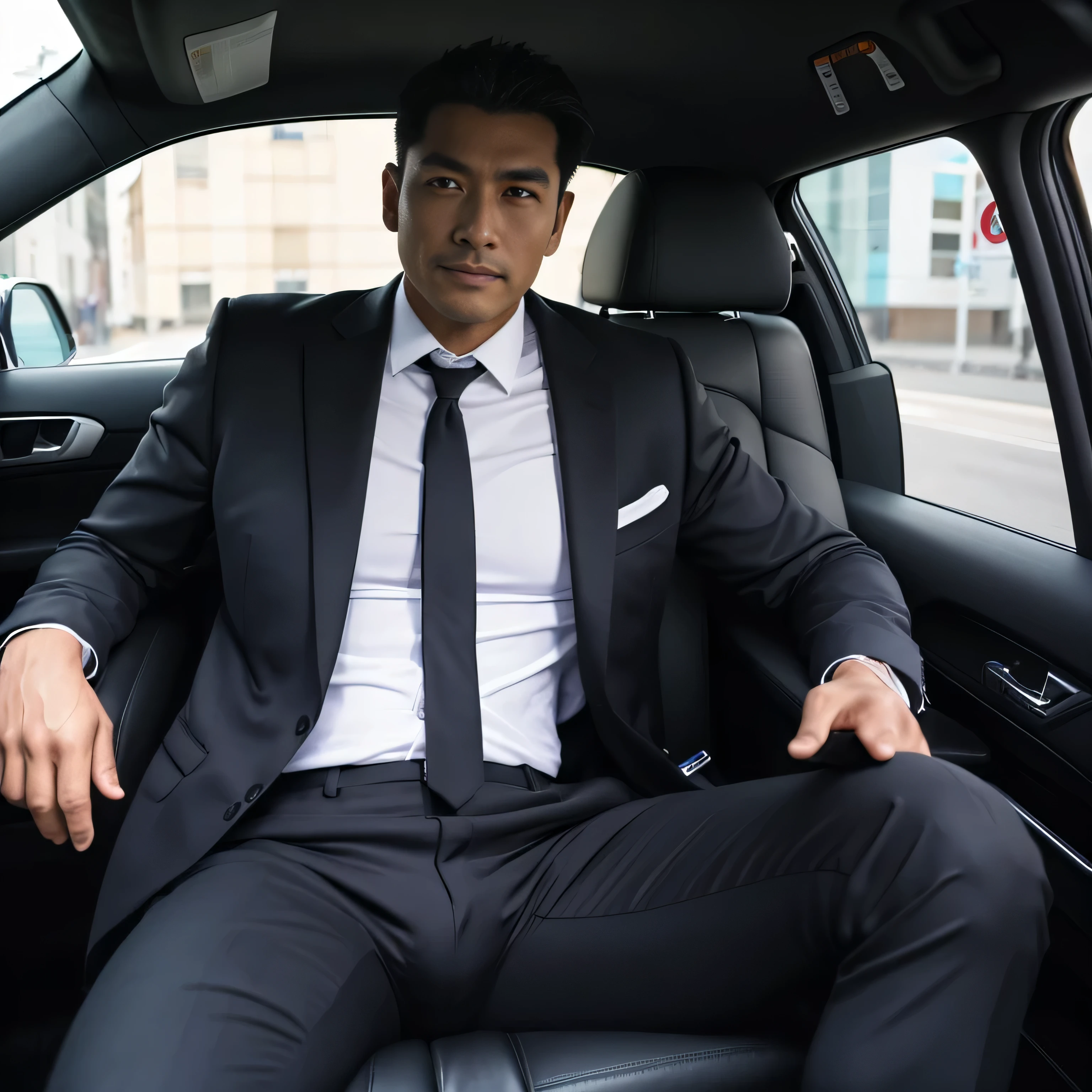 50 years old,One Man,Black Suit,Inside the car、squat、Tall dark-skinned man、Dark Asian face,muscle,Gay ,7:3 parting / all back,Stubble、Sitting with legs open、The crotch area is bulging、Stubble,Asian man's face,Hermes Belt。Black socks、View from the front