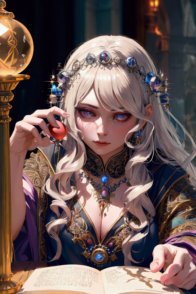 a wise old wizard, beautiful detailed eyes, beautiful detailed lips, extremely detailed eyes and face, longeyelashes, long flowing beard, intricate robe, holding a glowing crystal ball, magical energy swirling around, mystical library, ancient tomes, (best quality,4k,8k,highres,masterpiece:1.2),ultra-detailed,(realistic,photorealistic,photo-realistic:1.37),fantasy, cinematic lighting, moody atmosphere, dramatic shadows, vibrant colors, glowing magical effects