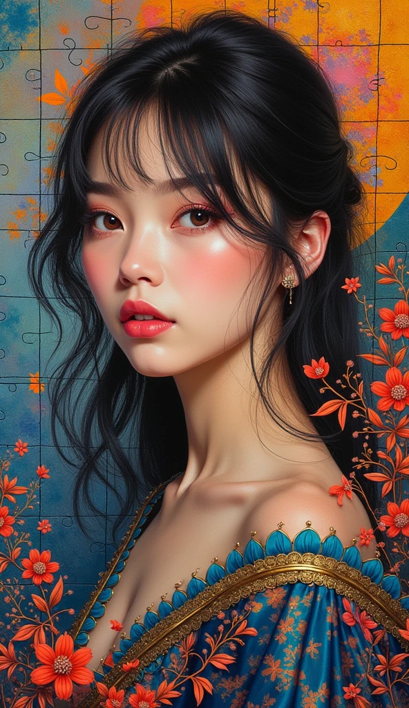 High-quality realistic acrylic art, vivid colors, (best quality, 4K, 8K, high-resolution, masterpiece), ultra-detailed, photorealistic,Decorative paintings,Girl Portrait,Rich colors,Geometric puzzles.
