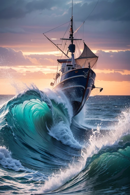 Men fishing, ((dynamic angle)), (perfect anatomy), (masterpiece, Highest quality, 4K), (Very delicate and detailed), (Official Art), (Ultra high definition), (A perfect storm of high tides and high waves on the Pacific Ocean) men fishing for fish using fishing rods, (Chaos at sea), men try to desperately fish for fishes, The illustration is vibrant and captures the essence of anime realism, with careful attention to detail in the fisherman's attire, expression, and the surrounding environment, photo-realistic:1.37, (best quality,4k,8k,highres,masterpiece:1.2),ultra-detailed,HDR,vivid colors,studio lighting,extreme detail description
