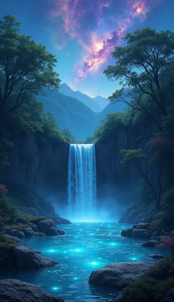 A secluded, moss-covered waterfall cascading into a crystal-clear pool under a sky filled with swirling nebulae, where the water glows faintly with bioluminescent algae, and the surrounding trees are illuminated by the soft light of distant galaxies.