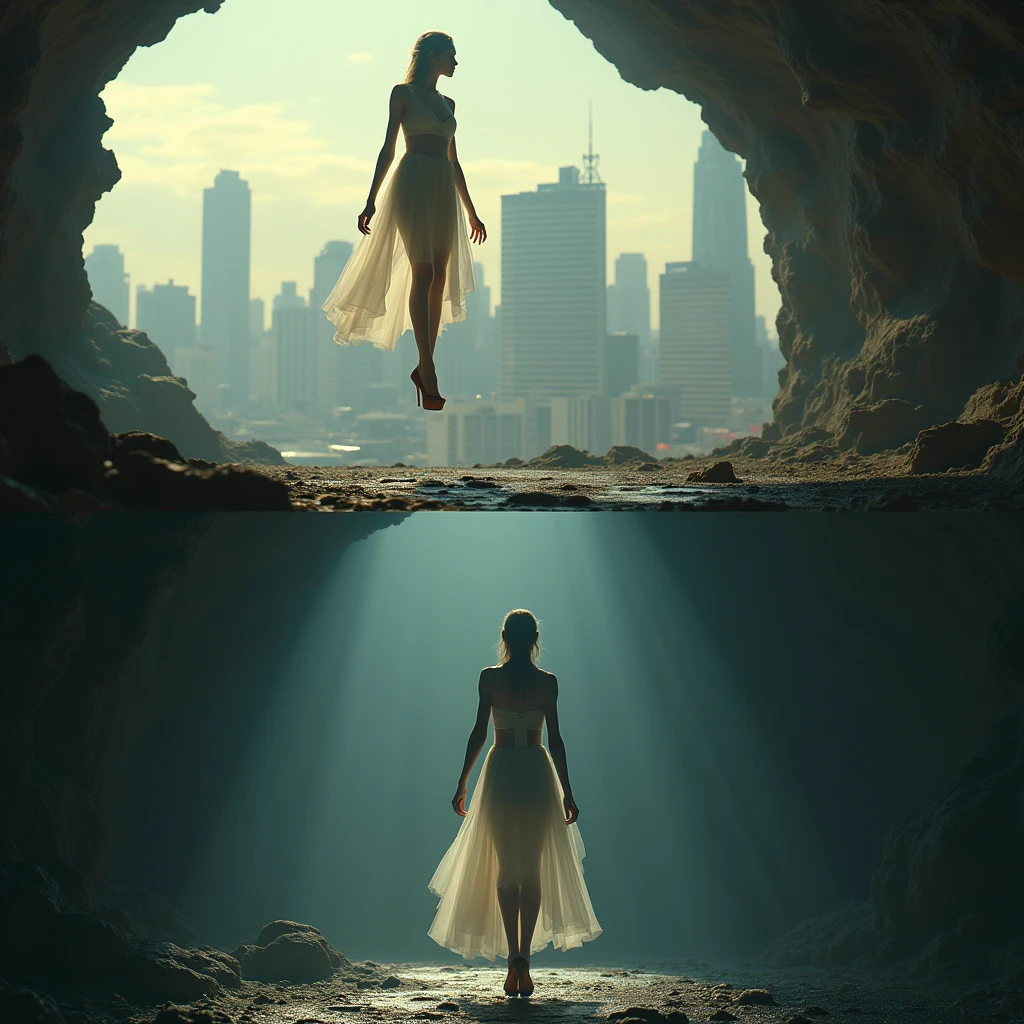 a very thin skinny girl flies over the city aura of magic. naked in heels thin thin legs. . naked in a cave in the dark. Darkness around. bright day morning