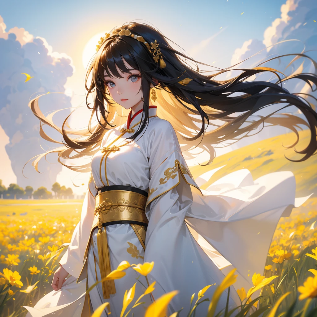 A beautiful girl with black long hair, wear white ancient chinese clothes, Standing in the midst of a field of bright yellow gold fields , There are some floating clouds,, with the sun shining on her face, close up.