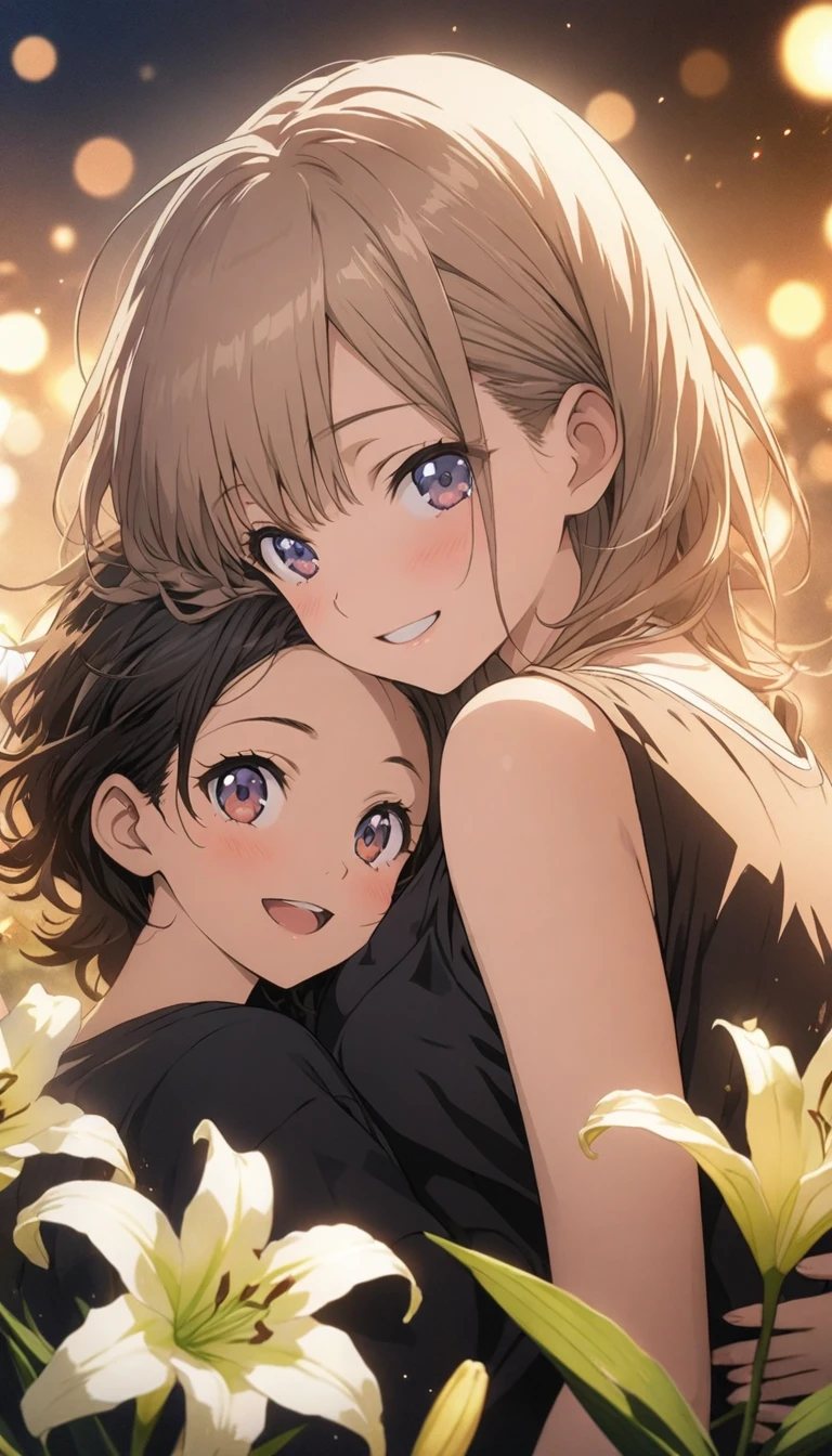 2 , masterpiece, Highest quality, Highly detailed CG Unity 8K wallpapers, High School Girl Anime Illustration. Wear an oversized tank top, She is wearing a red and black checked skirt.., twins, Two people hugging each other,, smile. Bokeh, (Soft Focus):1.2, Out of focus highlights, Dreamy atmosphere, Glowing circle, Fascinating Depth, The background is a realistic landscape,lily, Two people