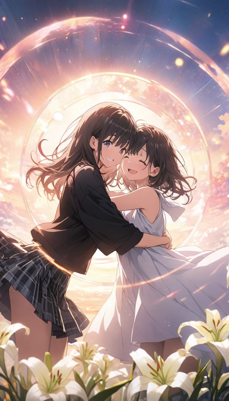 2 , masterpiece, Highest quality, Highly detailed CG Unity 8K wallpapers, High School Girl Anime Illustration. Wear an oversized tank top, She is wearing a red and black checked skirt.., twins, Two people hugging each other,, smile. Bokeh, (Soft Focus):1.2, Out of focus highlights, Dreamy atmosphere, Glowing circle, Fascinating Depth, The background is a realistic landscape,lily, Two people