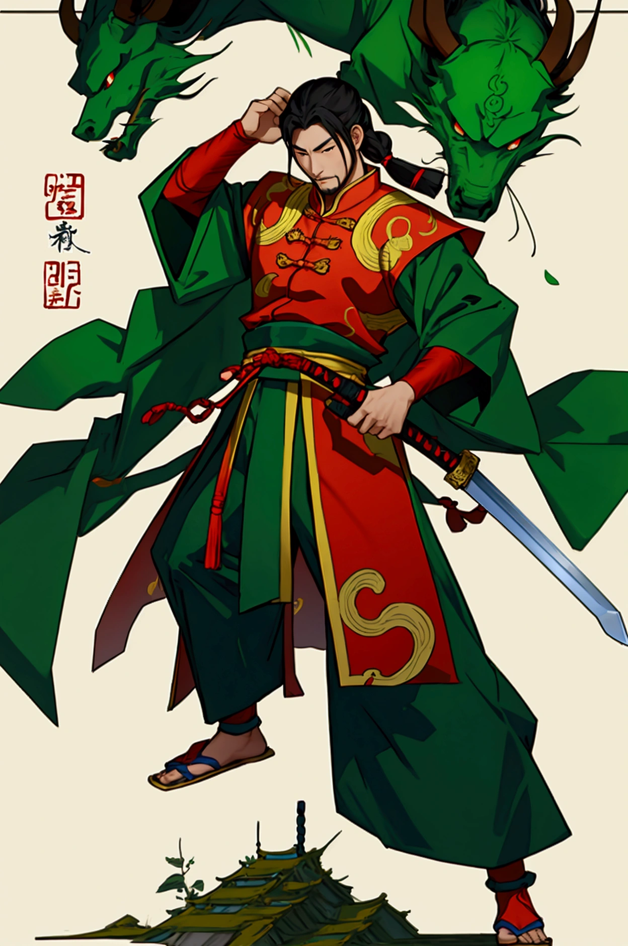 Cao Cao,man,Wearing Chinese warrior costume,holding a sword,stand,Put on the green Chinese warrior shoes