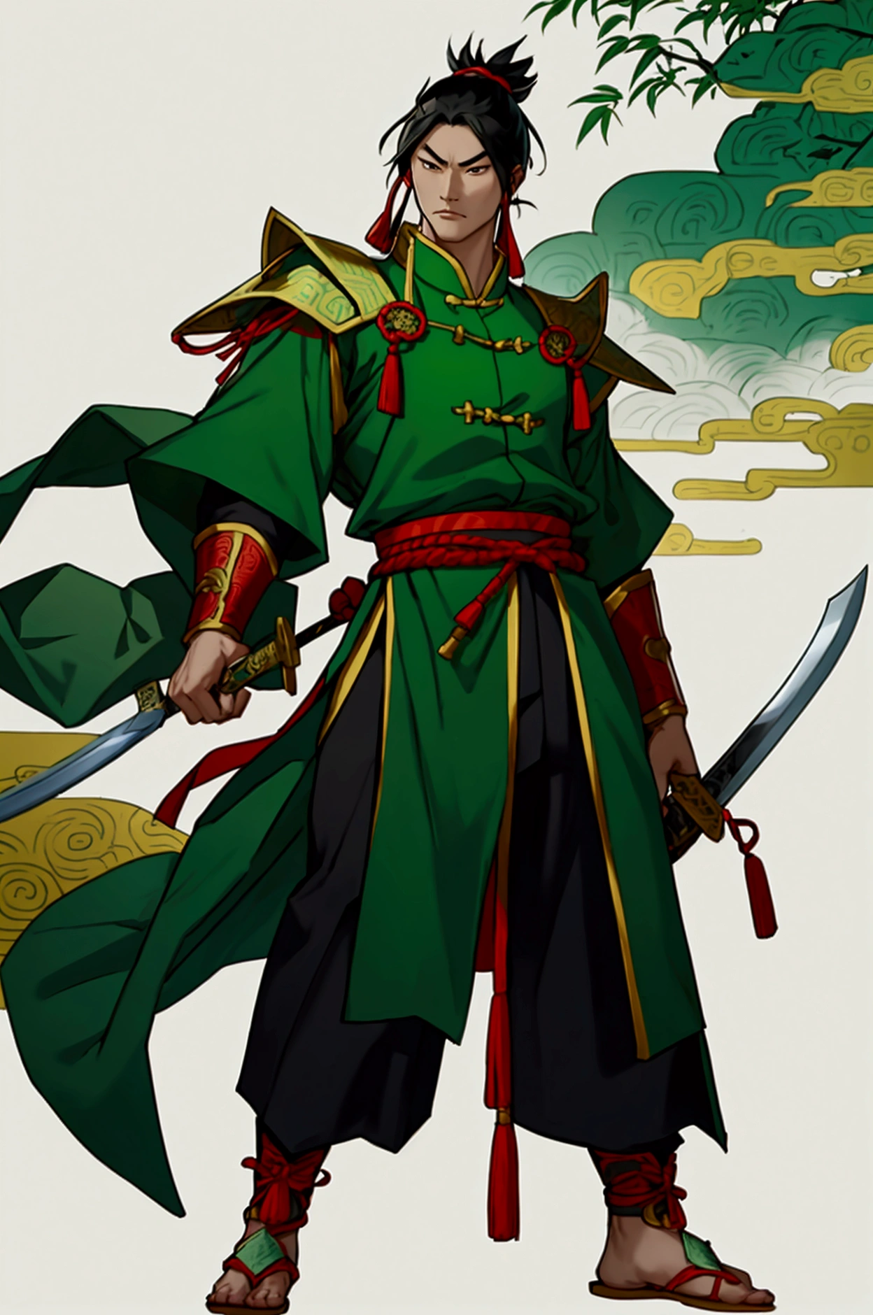 Cao Cao,man,Wearing Chinese warrior costume,holding a sword,stand,Put on the green Chinese warrior shoes