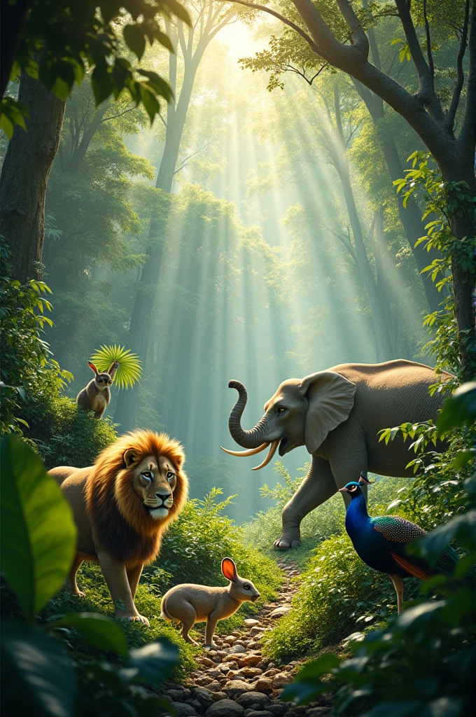 high quality, 8K Ultra HD, A beautiful jungle with lions , elephant, rabbit, porat, peacock and ptants
Photo sazi 2x3 poster
