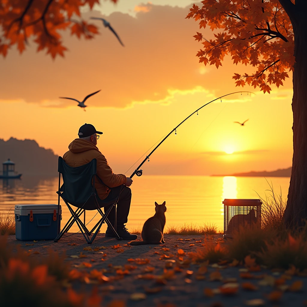 Angler on the breakwater、fishing rod、fishing net、Portable chair、Fish cages、Cooler Box、Seagull、Calm sea、Golden sunset、Autumn leaves、Orange sky、A cat sitting at someone's feet、Cozy autumn atmosphere、(Highest quality、4K、8k、High resolution、masterpiece:1.2)、Super detailed、(Real、Photorealistic、Photorealistic:1.37)、Bright colors、Dramatic lighting、Cinematic composition