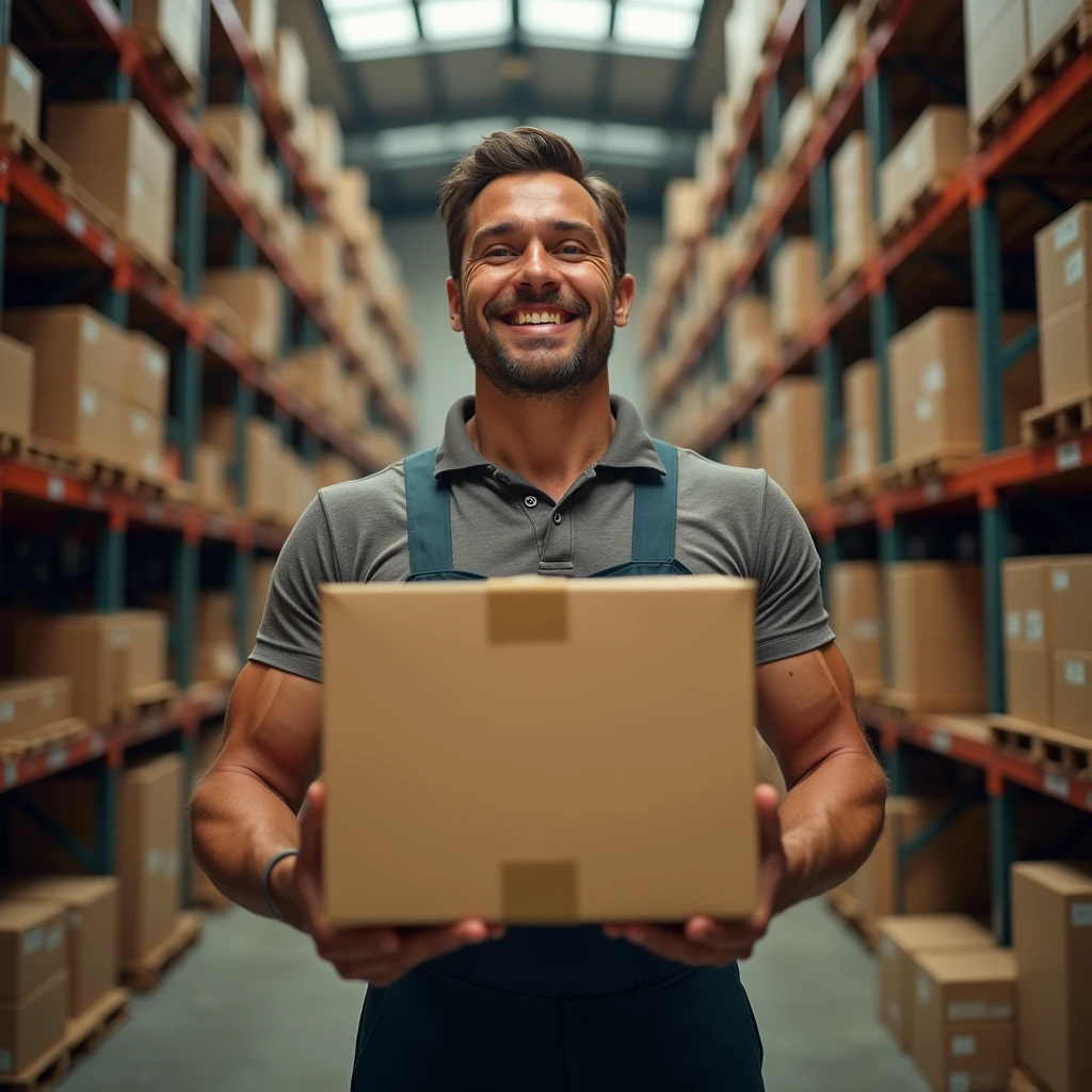 a man(lifting big boxes with hands),in warehouse, (looking at the cameraman, gentle smile, glowing eyes, sparkling eyes, smile, light smile, Wide-Angle, Fujifilm, Wide-Angle, Fujifilm, masterpiece, accurate, super detail, high details, high quality, best quality, highres, HD, 4K, masterpiece, accurate,, super detail, high details, high quality, best quality, highres, HD, 4K