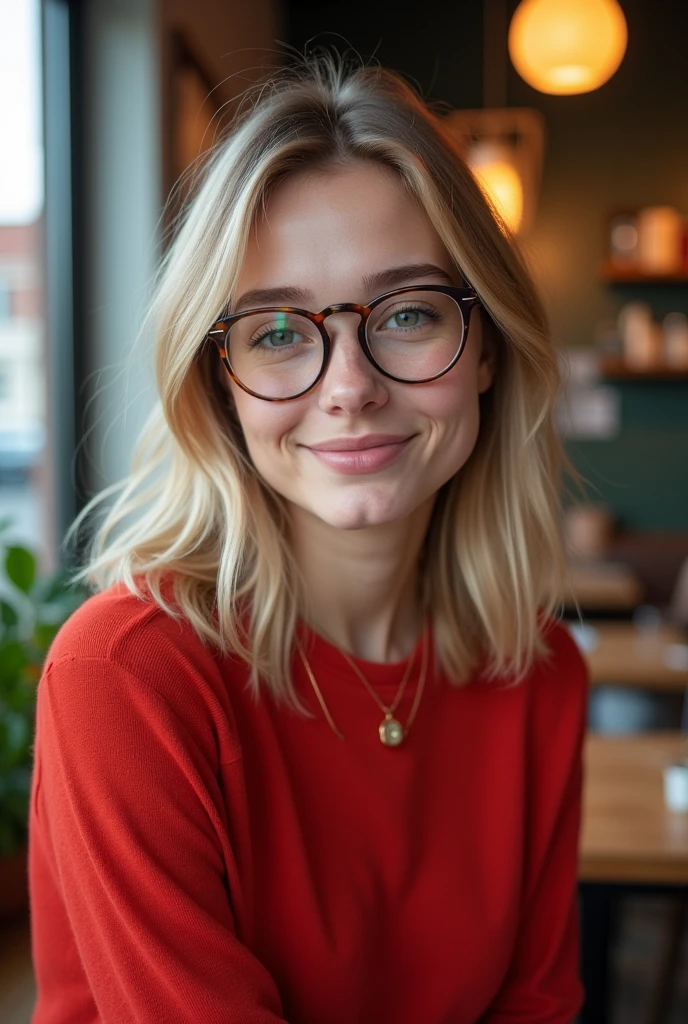 create an influencer,blonde hair,Scandinavian,light eyes,light brown skin, spotty, girl next door,Natural photo, spontaneous photo, 55 mm linse, Background also sharp, further away from the camera ,elegant posture,full body picture,in a cafe.with nerd glasses,red top