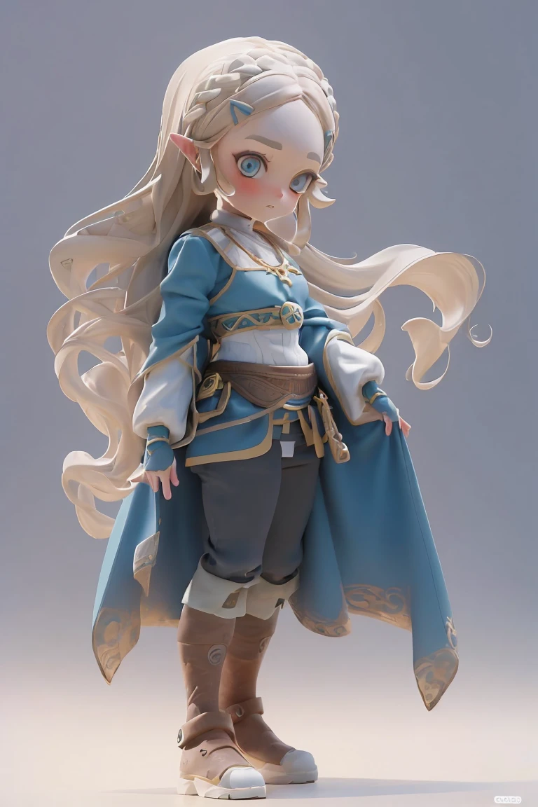 (Full body standing painting), solo, tmasterpiece,best qualtiy,8k, Clearandcleanbackground, microclose-up, 01wawa, 1girll, solo, Princess Zelda, Blue eyes, blue clothes, blonde hair, long detailed hair, brown boots, angry face, blushing, angry expression (perfect detail eyes:1.2), (High quality:1.2), (High detail:1.2), (Masterpiece:1.2), (Extremely detailed:1.2), illustration,paint brushes, solo, (white background), simple backgound, Masterpiece, Best quality, illustration, , beautiful detailed glow, Beautiful detailed eyes, midriff, big forhead, tchibi, A full-body masterpiece, Best quality at best