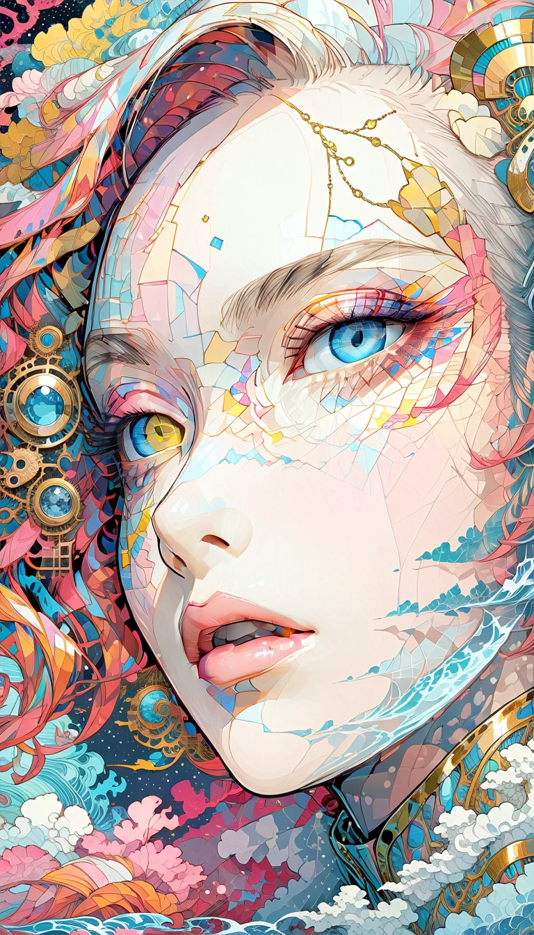 (White background:1.4),(marilyn monroe, head silhouette, Eyes closed, Long colored hair, Oriental elements)，(Chinese illustration:1.3，Paper Art:1.3, キルティングPaper Art:1.2),( Streamlined Design, Clear lines, High sharpness,Better Quality, Very detailed, Master Parts, Film Light Effect, 4K ) Illustration design, porcelain doll skin, beautiful detailed eyes, beautiful detailed lips, extremely detailed gold eyes and face, long eyelashes, upper body, from side, looking at viewer, (fractal art:1.3), (pink hair:1.2), water, liquid, cloud, colorful, starry, stars, (best quality, 4k, 8k, highres, masterpiece:1.2), ultra-detailed, vibrant colors, studio lighting, extremely detailed description, professional, concept art, surreal, 1920s french vibe, monochromatic gold and pink palette, in the style of french illustrator moebius, gold elements,
