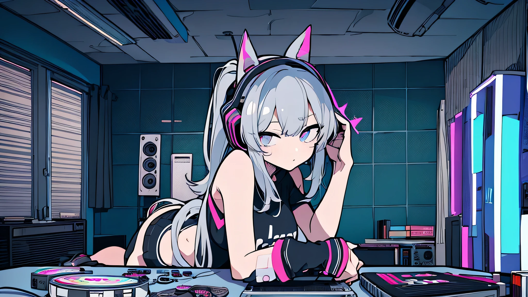 Best quality, (masterpiece), best detail face,1 girl, natural breasts, 18 yo, 8k,absurdres,unity 8k wall paper,(extremely detailed:1.3), highest realistic, (retro headphones:), (soft neon light:), (psychedelic), Her room full of music equipment and records, sports wear , See the whole room , dark grey color pallet, silver hair, pony tail hair