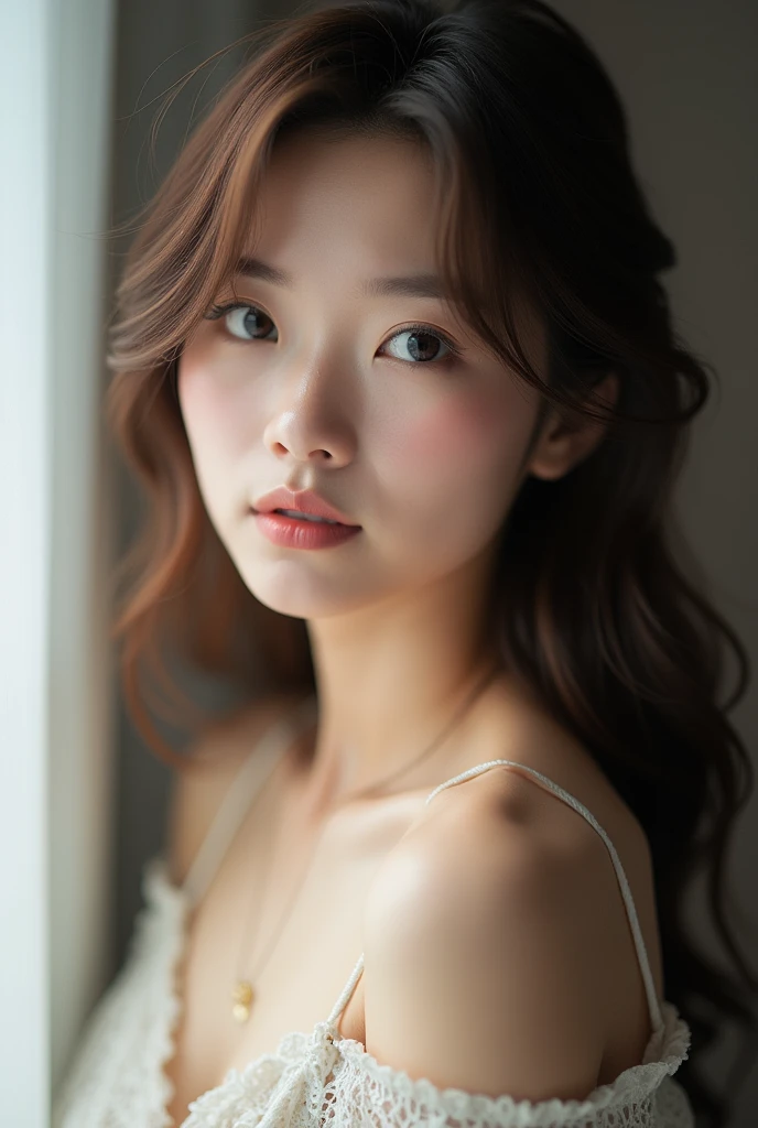 You are a professional gravure photographer.、(((One person,alone))),(Highly realistic photos, High resolution, Detailed face, Narrow eyes,Thin lips)、 Japanese women, 3, Japan Model Face, ,Plump,Full of energy、Lift your legs