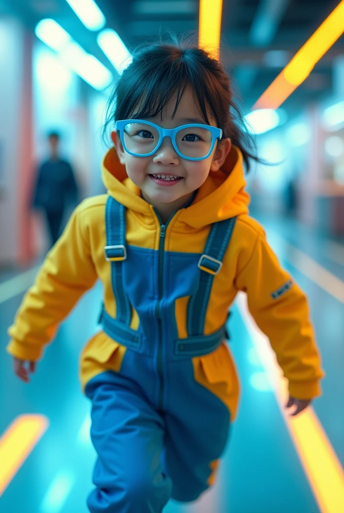 Chinese girl average  wear jumpa shuit high tech(( blue yellow)). Running effect. Glowing yellow. Runfast effect. Wear blue big glasses big frame. Braces teeth. Boleh background. Panning effect. 