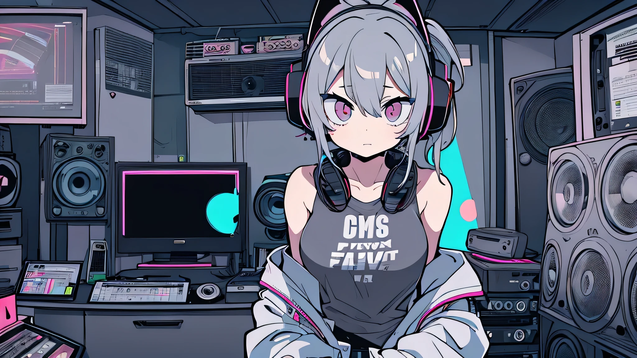 Best quality, (masterpiece), best detail face,1 girl, natural breasts, 18 yo, 8k,absurdres,unity 8k wall paper,(extremely detailed:1.3), highest realistic, (retro headphones:), (soft neon light:), (psychedelic), Her room full of music equipment and records, sports wear , See the whole room , dark grey color pallet, silver hair, pony tail hair