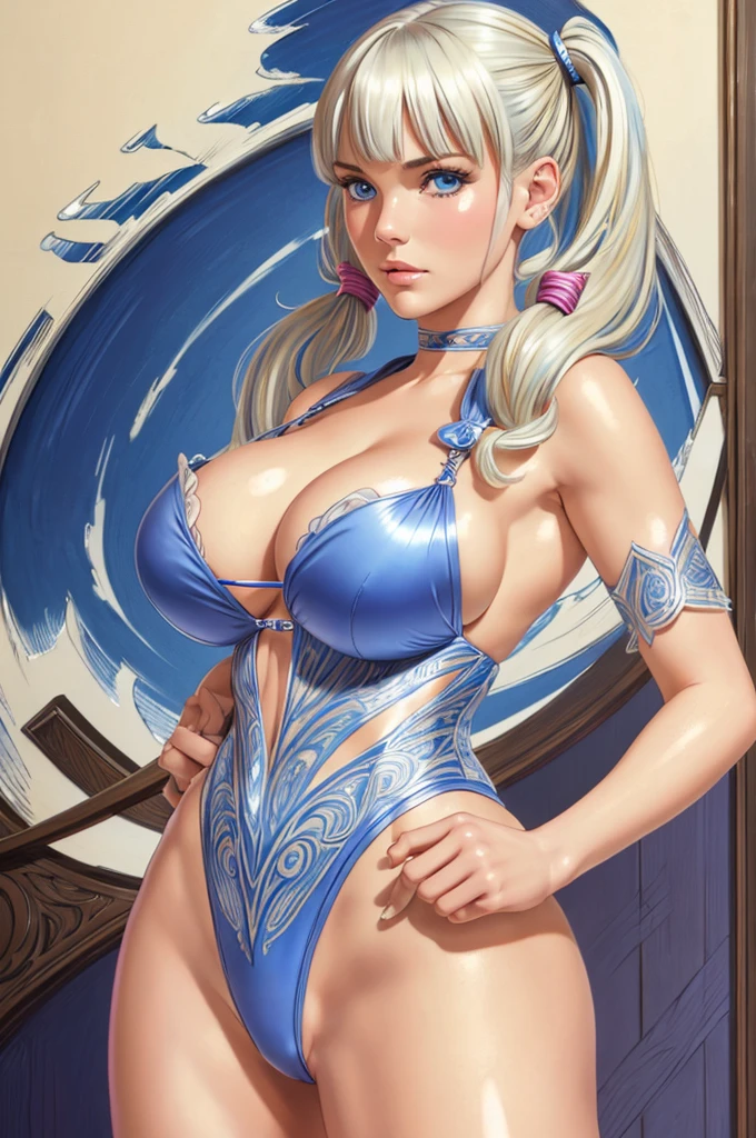 Leslie Bibb, ultra-detailed blue eyes, platinum long blonde hair, ((bangs, twin tails)), laced silk bikini, cleavage, legs, (((huge breasts, masterpiece, ultra-detailed face))).