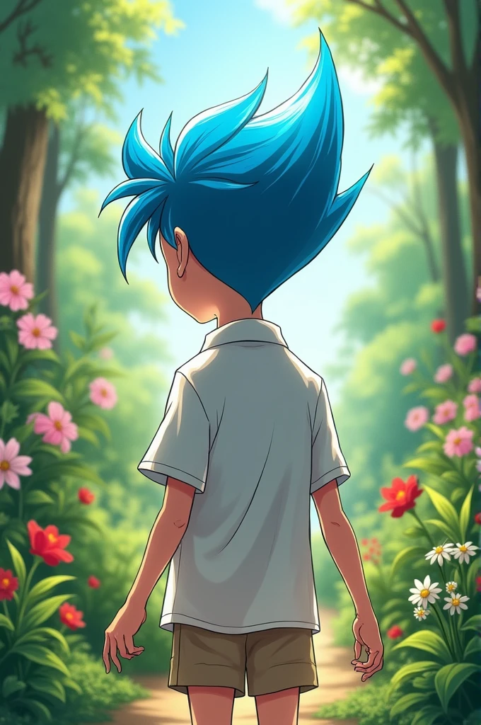 A short anime boy with blue hair Egyptian haircut his hair shines like blue ruby
He is wearing a white shirt and walking in a garden